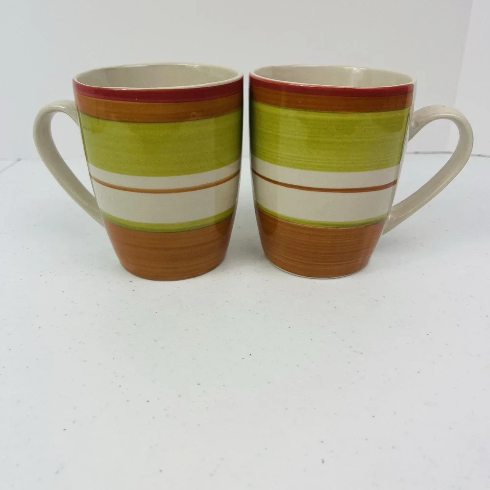 Pier 1 Valencia Stoneware Orange Red Rust Green Striped Mugs‎ Hand Painted Set 2